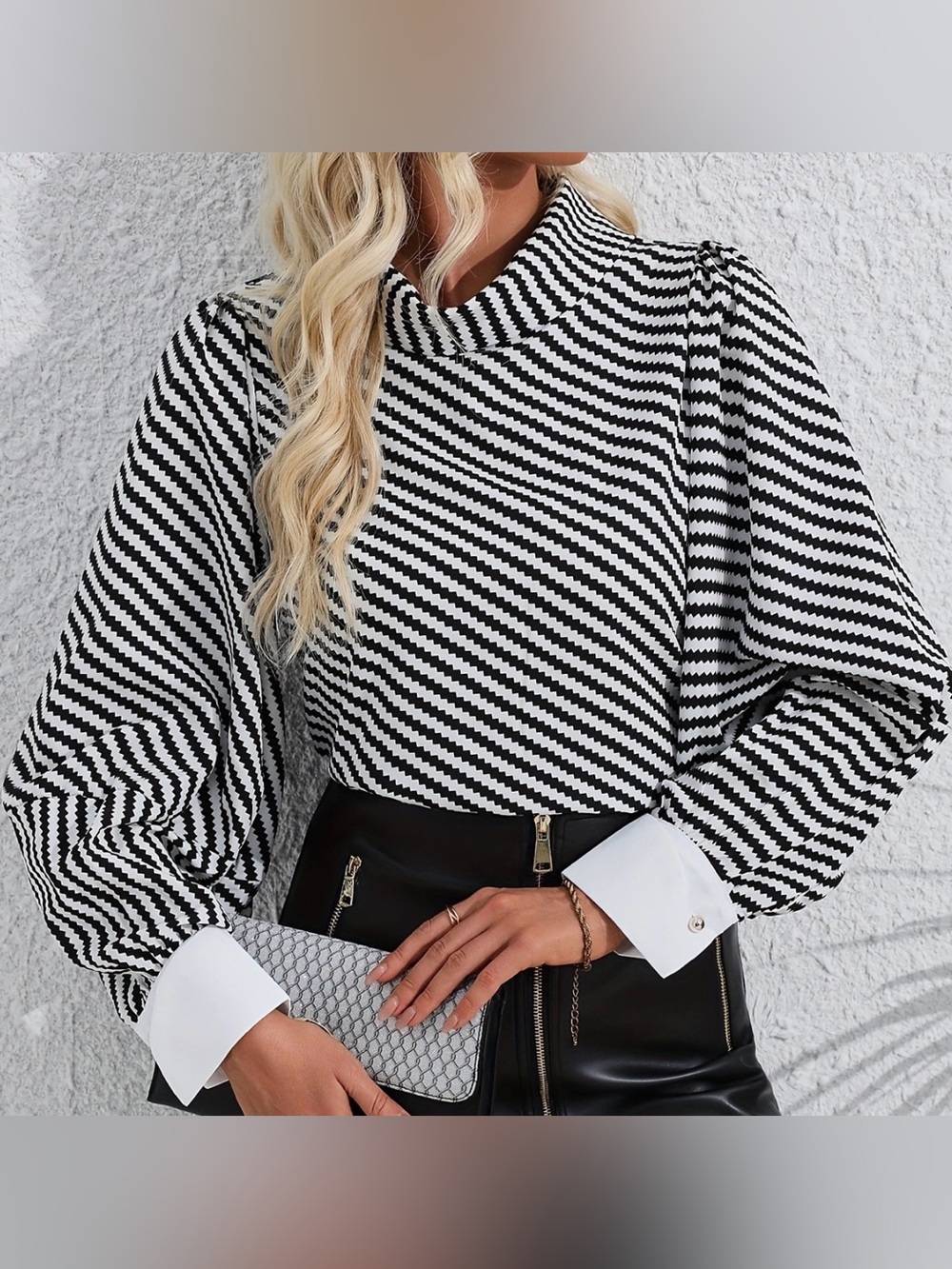 Temu Striped Black & White Puff Balloon Sleeve Blouse, Cuffs, Size XL